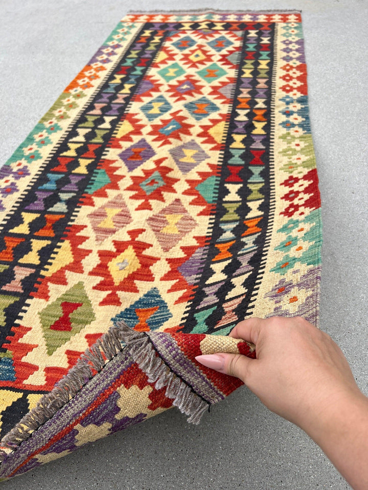 3x7 (100x200) Handmade Afghan Kilim Runner Rug | Cornsilk Burnt Orange Blood Red Turquoise Purple Lilac Olive Denim Blue Cream Beige Wool