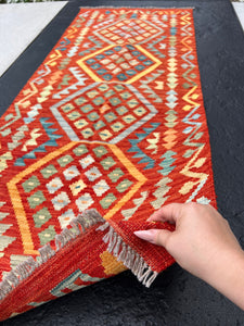 3x7 (100x200) Handmade Afghan Kilim Runner Rug | Brick Red Rust Orange Grey Denim Sky Blue Taupe Mustard Teal Mint Olive | Flatweave Wool