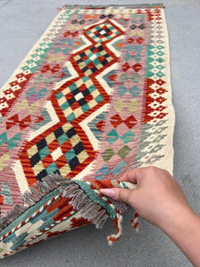 3x7 (100x200) Handmade Afghan Kilim Runner Rug | Cream Rose Blood Red Charcoal Grey Denim Blue Olive Taupe Teal Turquoise Orange Black Wool