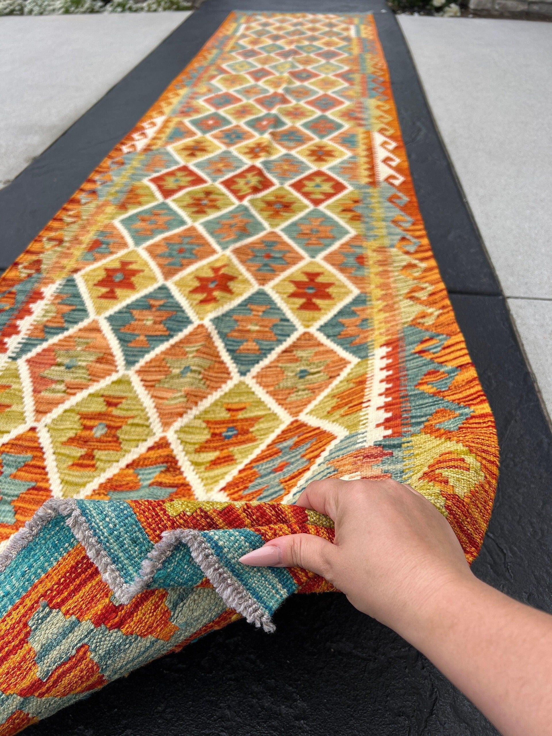 3x13 (90x395) Handmade Afghan Kilim Rug Runner | Burnt Rust Orange Teal Olive Green Ivory White Brick Red | Flatweave Hand Knotted Turkish
