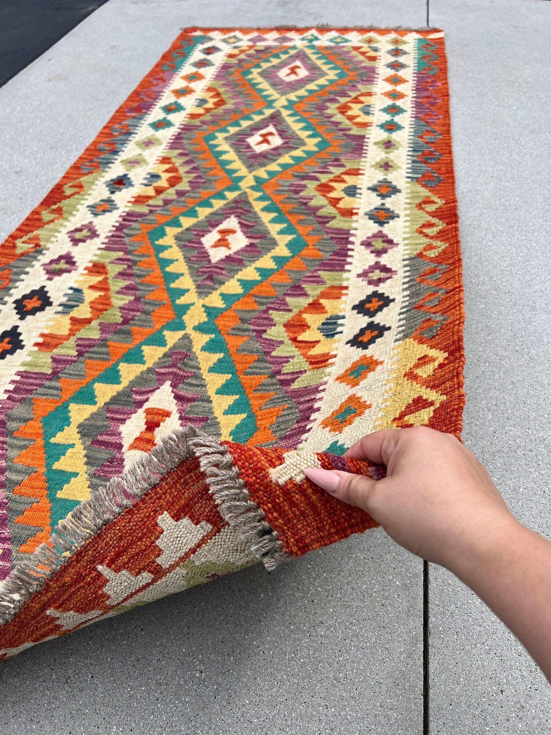 3x7 (100x200) Handmade Afghan Kilim Runner Rug | Burnt Orange Moss Olive Green Midnight Blue Eggplant Purple Grey Cornsilk Cream Beige