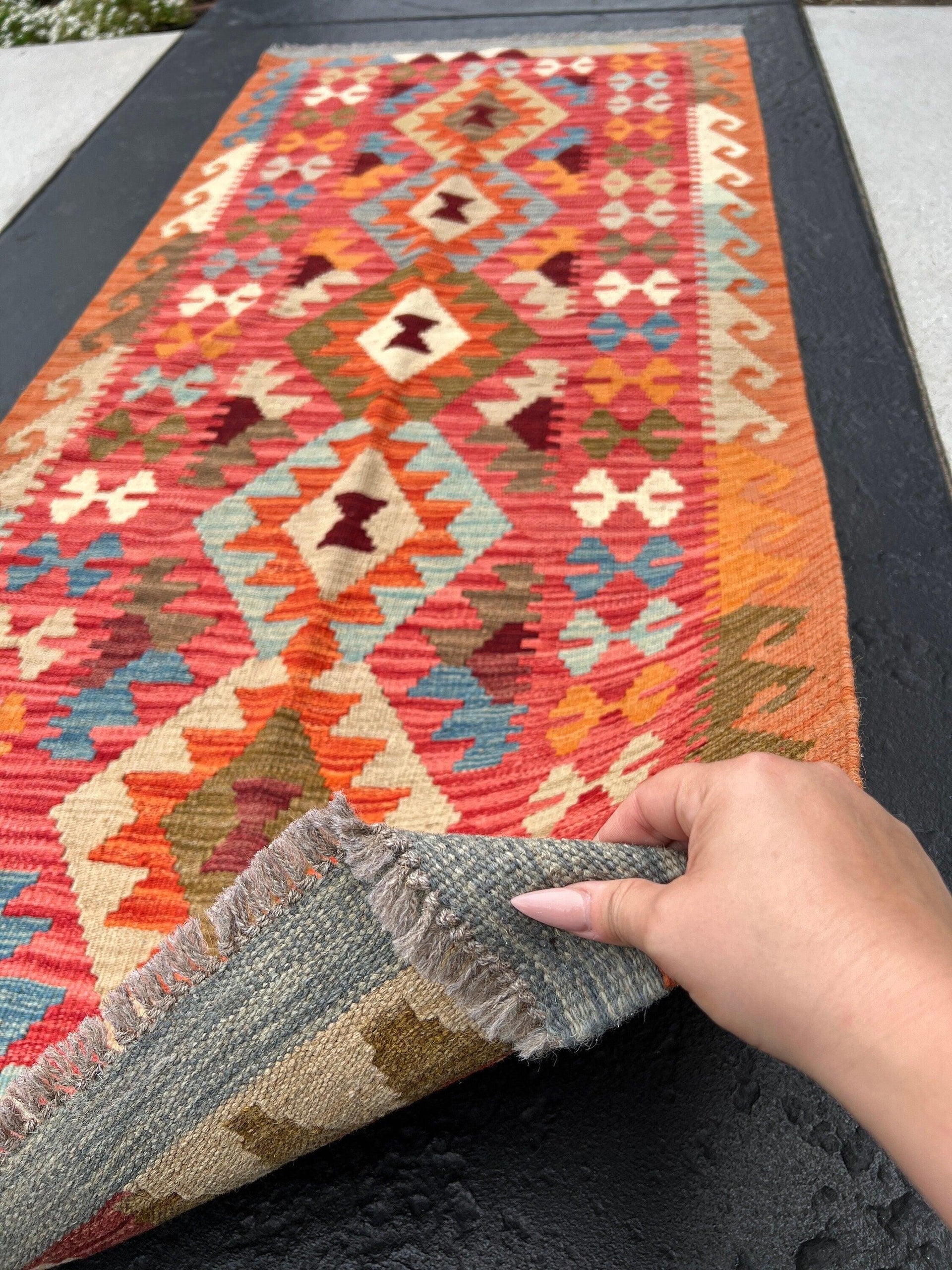 3x7 (100x200) Handmade Afghan Kilim Runner Rug | Red Burnt Orange Chocolate Brown Olive Denim Powder Blue Taupe Ivory | Hand Knotted Wool