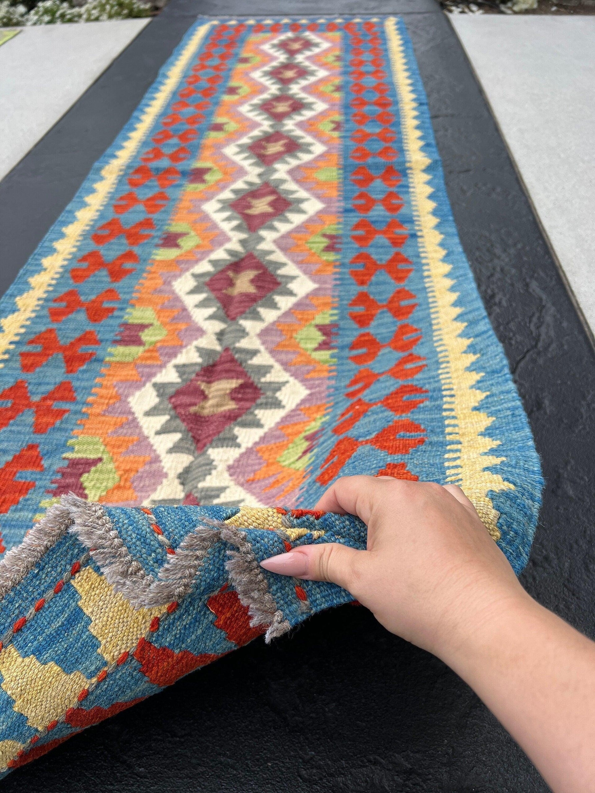 3x10 (90x305) Handmade Afghan Kilim Runner Rug | Denim Blue Crimson Red Ivory Olive Green Grey Cornsilk Orange Lavender Plum Mocha Brown