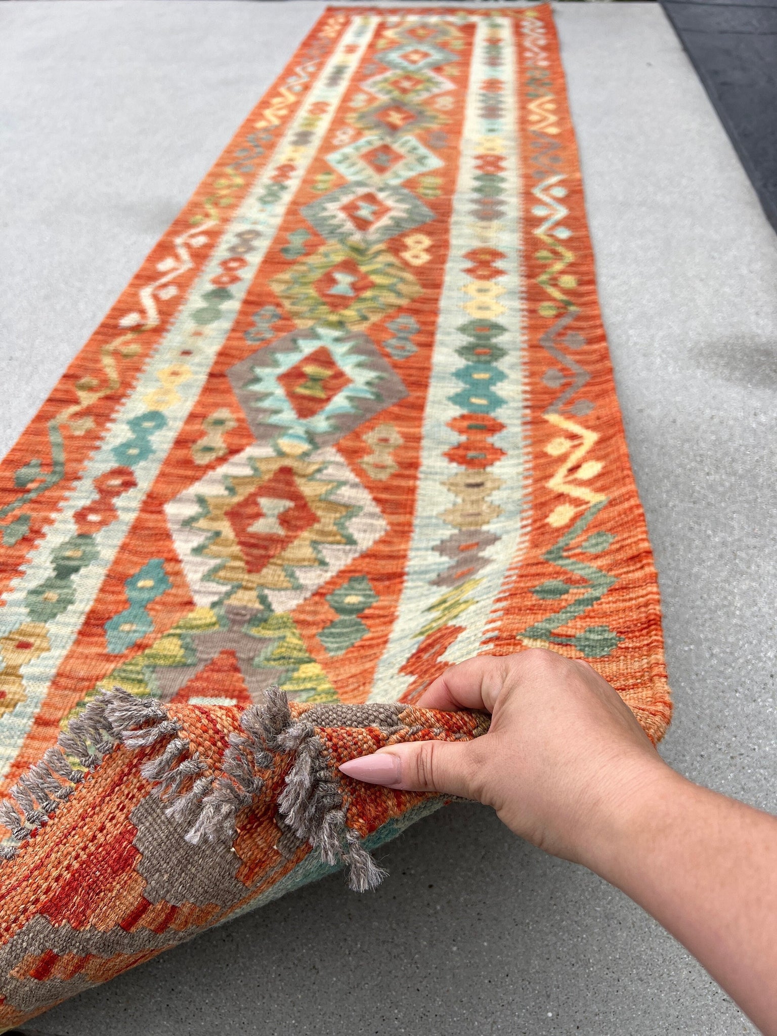 2x10 (90x335) Handmade Afghan Kilim Runner Rug | Burnt Orange Sky Denim Blue Charcoal Grey Olive Chocolate Brown Teal Cornsilk | Wool