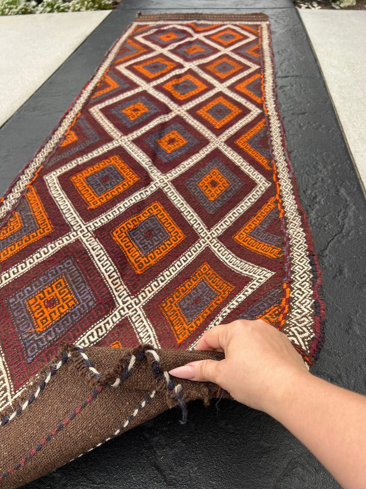 3x9 (90x275) Handmade Afghan Kilim Runner Rug | Chocolate Brown Maroon Garnet Red Ivory Orange Navy Midnight Blue | Persian Flatweave Wool