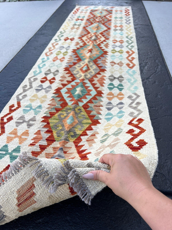 3x10 (90x305) Handmade Afghan Kilim Runner Rug | Ivory Cream Olive Teal Chocolate Denim Sky Blue Charcoal Grey Tan Brick Red Turquoise