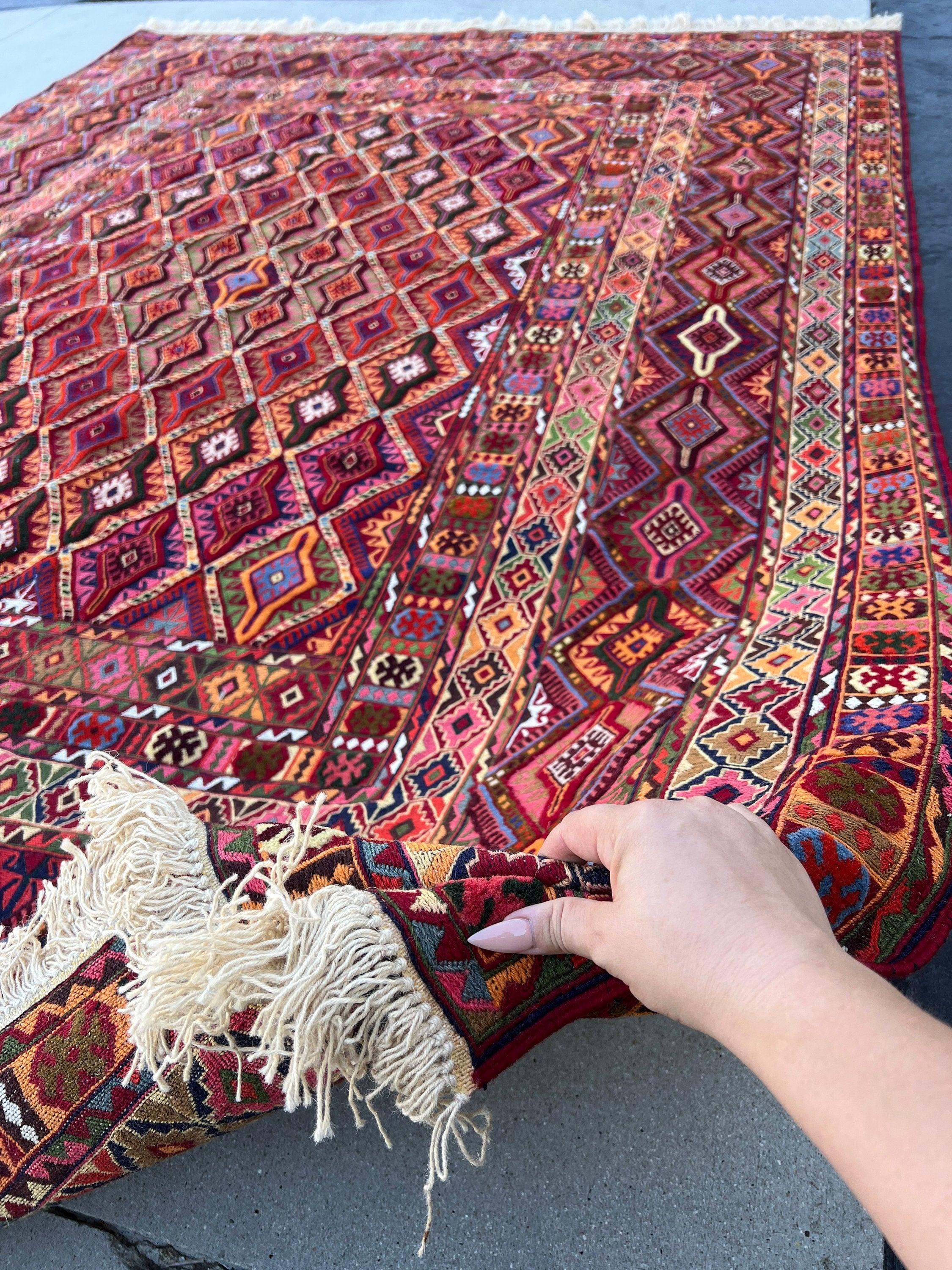 7x10 Handmade Afghan Rug | Red Pink Orange Coral Blue Navy Blue Brown Forest Green Beige Cream | Mishawani Kilim Barjasta Knotted Wool Boho