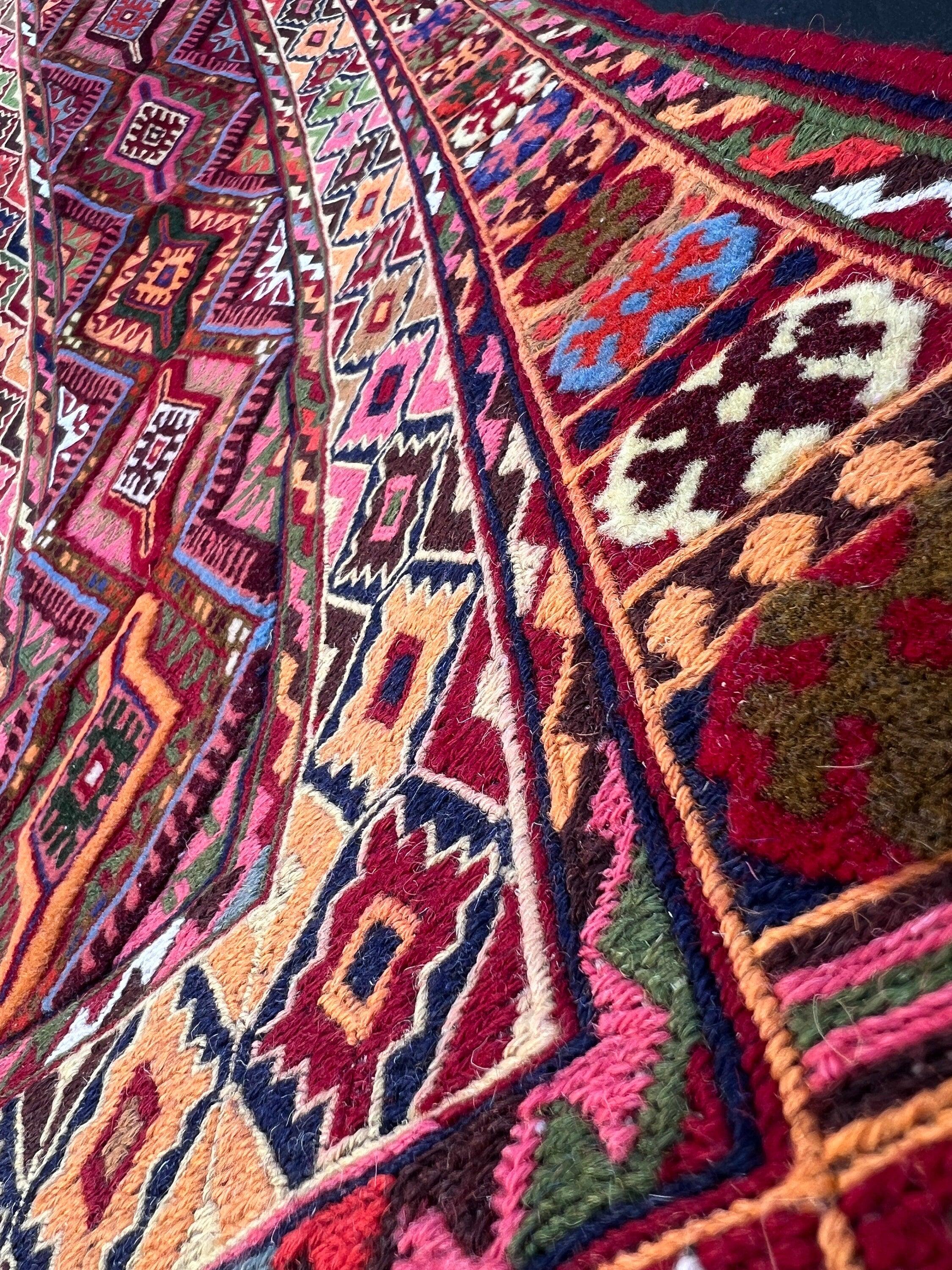 7x10 Handmade Afghan Rug | Red Pink Orange Coral Blue Navy Blue Brown Forest Green Beige Cream | Mishawani Kilim Barjasta Knotted Wool Boho