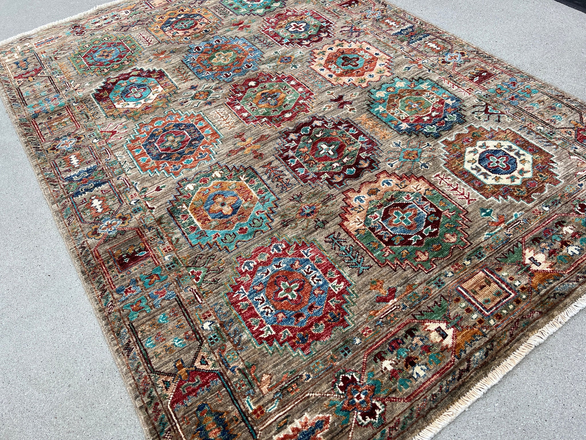 4x6 Handmade Afghan Rug | Grey Brown Teal Turquoise Blue Green Red Caramel Gold Ivory Cream | Wool Boho Persian Turkish Oushak Hand Knotted