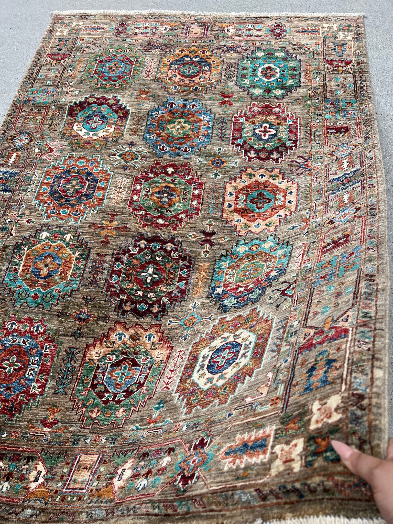 4x6 Handmade Afghan Rug | Grey Brown Teal Turquoise Blue Green Red Caramel Gold Ivory Cream | Wool Boho Persian Turkish Oushak Hand Knotted