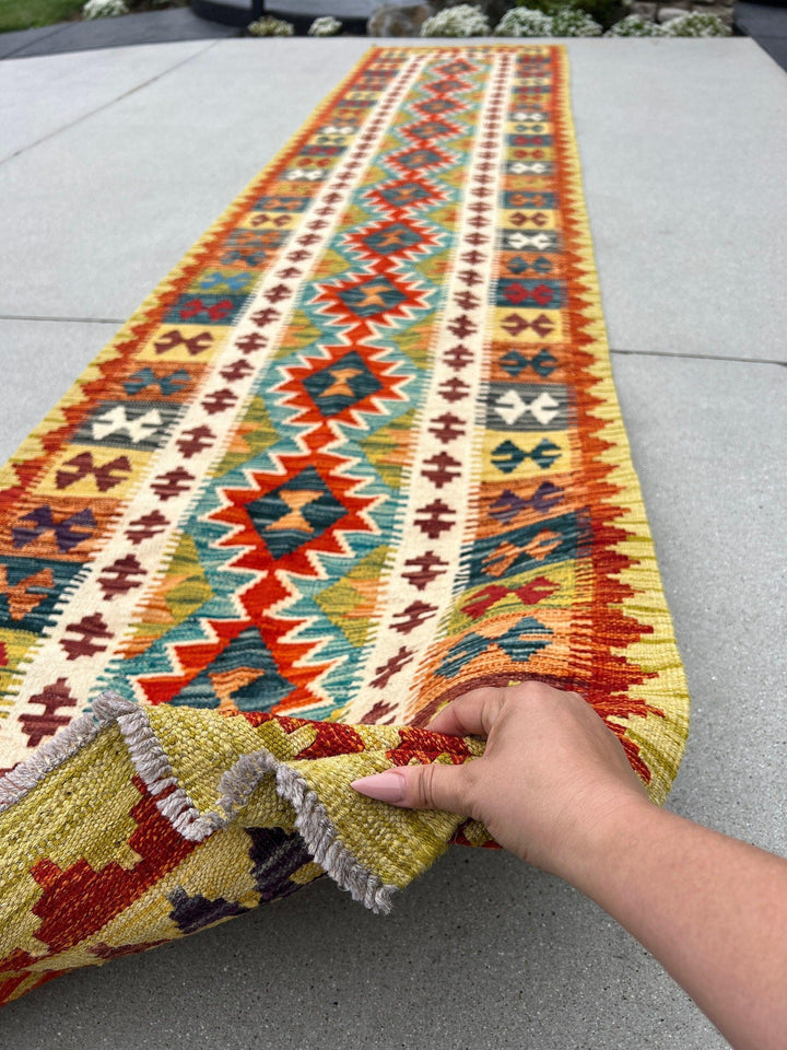 3x13 (90x410) Handmade Afghan Kilim Rug Runner | Olive Green Maroon Brick Red Teal Burnt Orange Charcoal Grey Prussian Blue Purple Cream