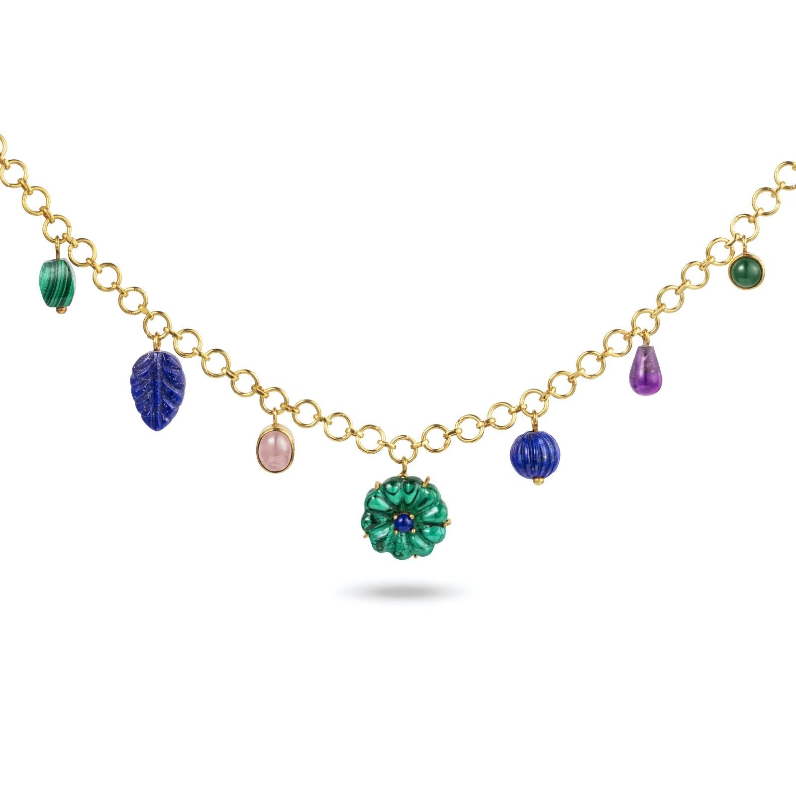 Handmade Afghan Blue Gemstone Lapis Lazuli Malachite Morganite Amethyst Green Onyx Drop Gold Chain Pendant Necklace Gift for Her Elegant