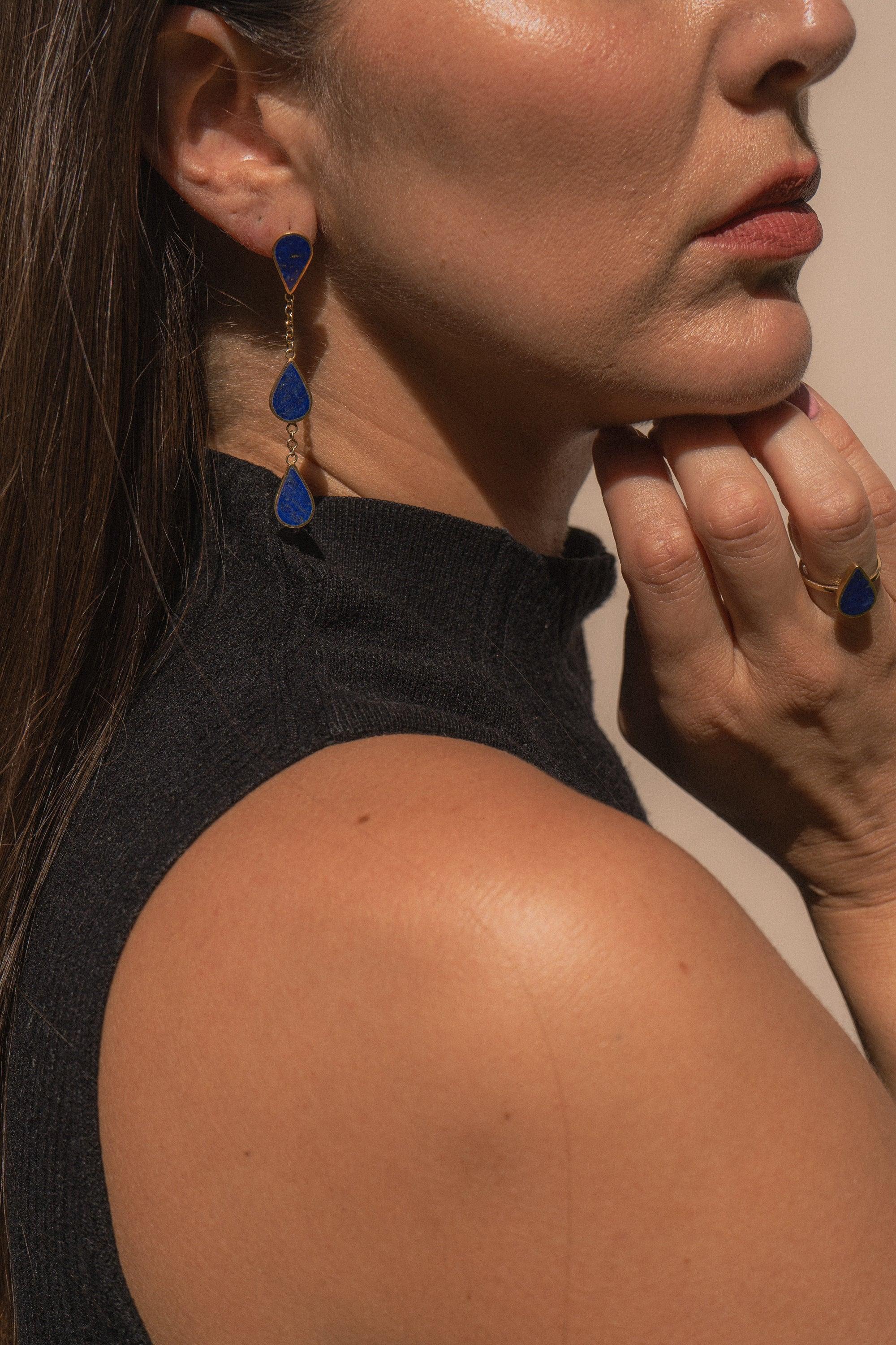 Handmade Afghan Ring Blue Gemstone Lapis Lazuli Drop Gold Elegant Inspired Jewelry Boho Chic Accessories Gift for Her
