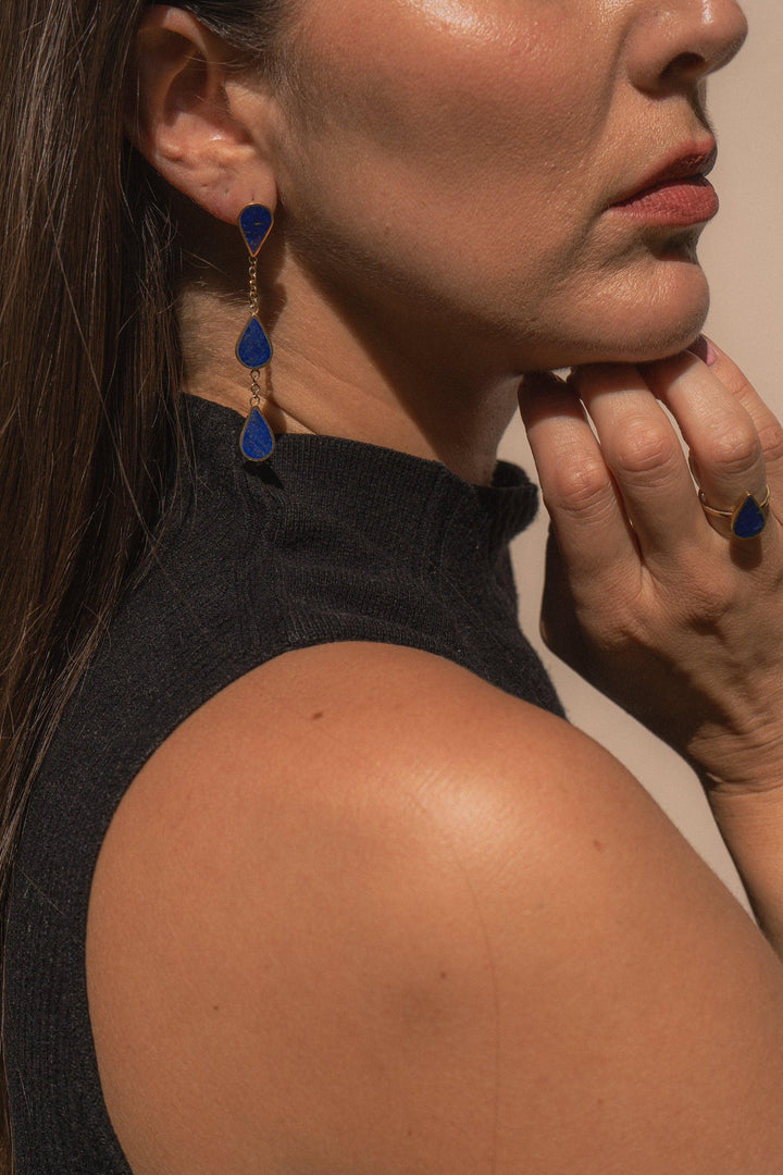Handmade Afghan Ring Blue Gemstone Lapis Lazuli Drop Gold Elegant Inspired Jewelry Boho Chic Accessories Gift for Her