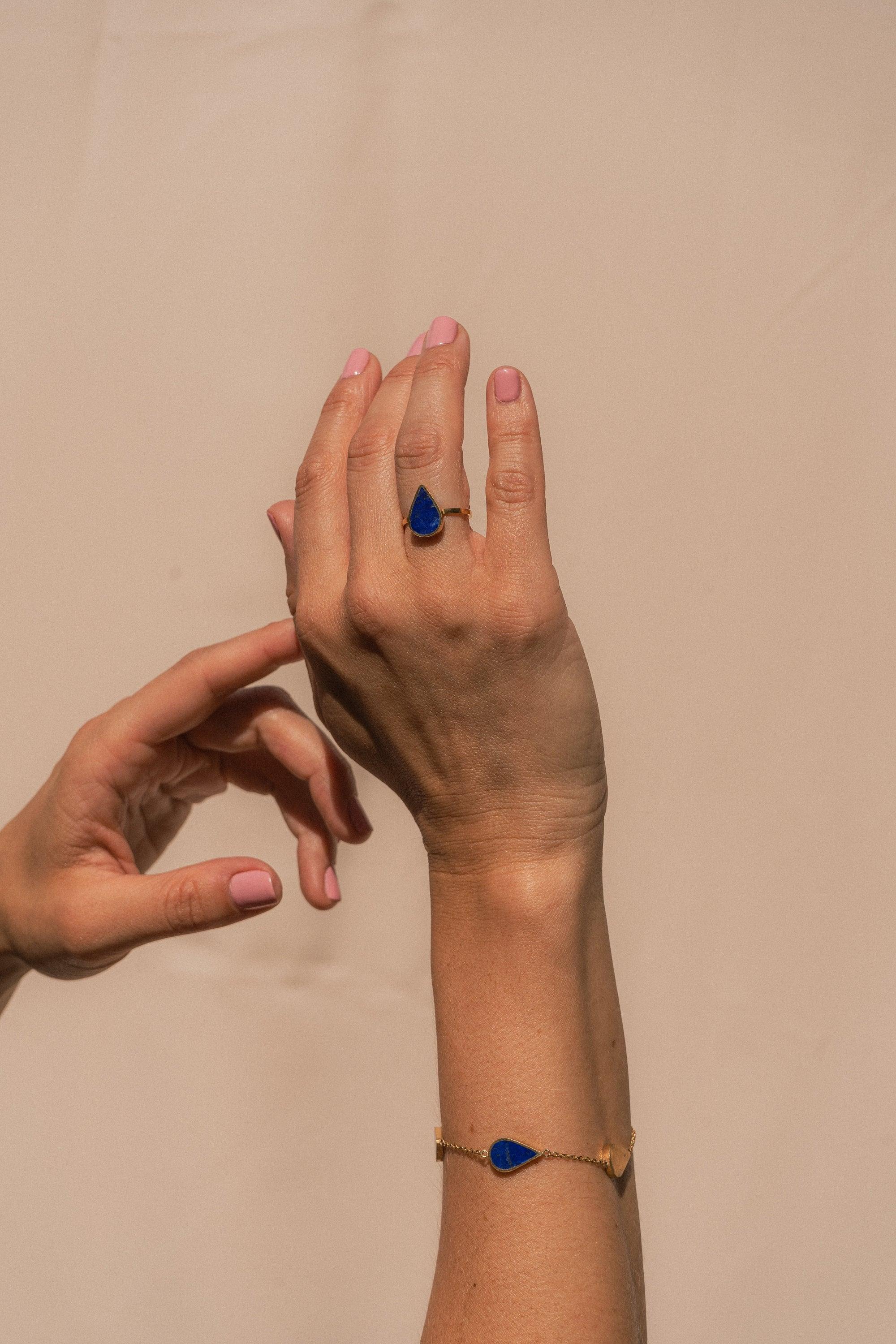 Handmade Afghan Ring Blue Gemstone Lapis Lazuli Drop Gold Elegant Inspired Jewelry Boho Chic Accessories Gift for Her