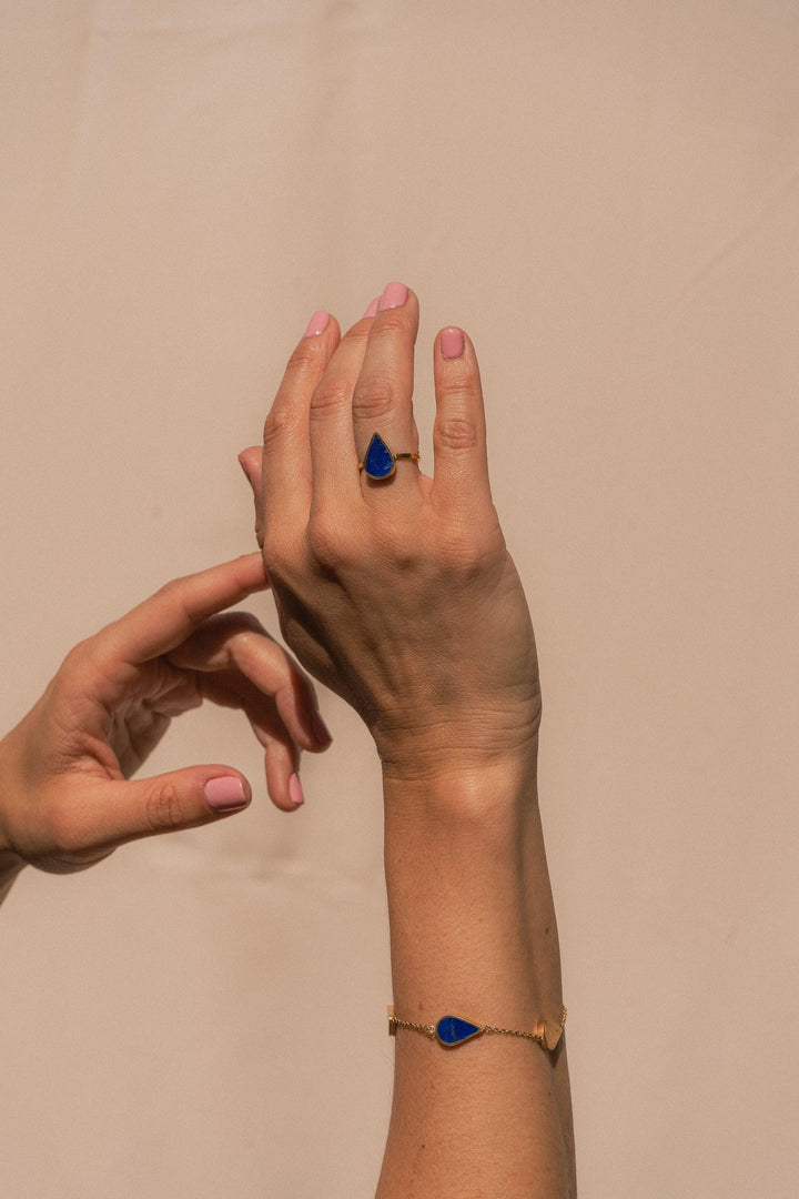 Handmade Afghan Ring Blue Gemstone Lapis Lazuli Drop Gold Elegant Inspired Jewelry Boho Chic Accessories Gift for Her