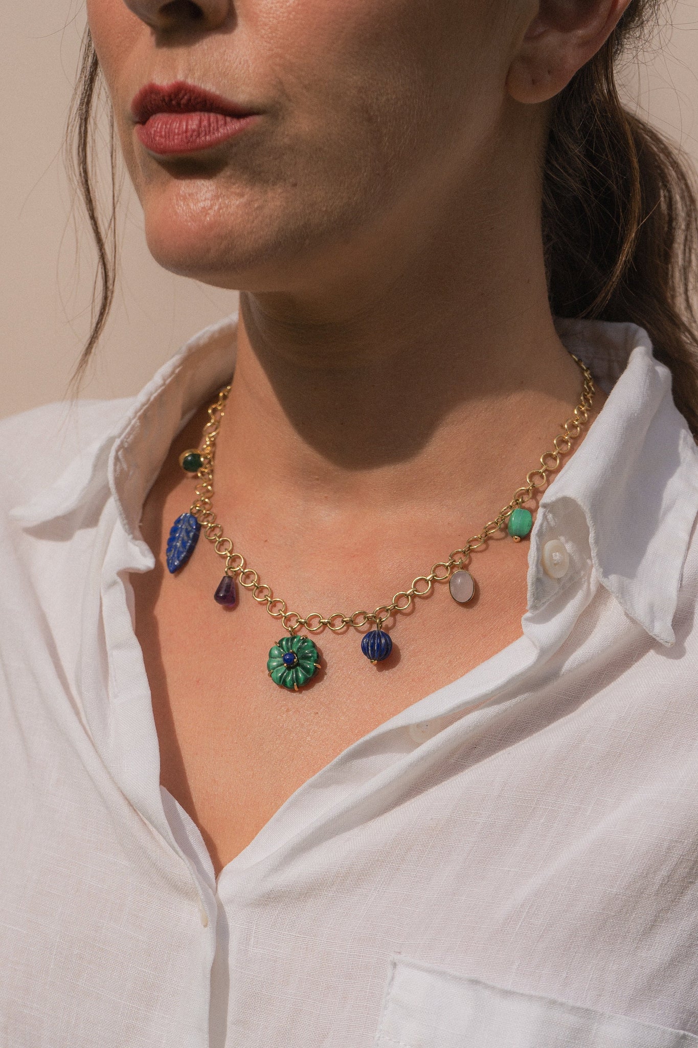 Handmade Afghan Blue Gemstone Lapis Lazuli Malachite Morganite Amethyst Green Onyx Drop Gold Chain Pendant Necklace Gift for Her Elegant