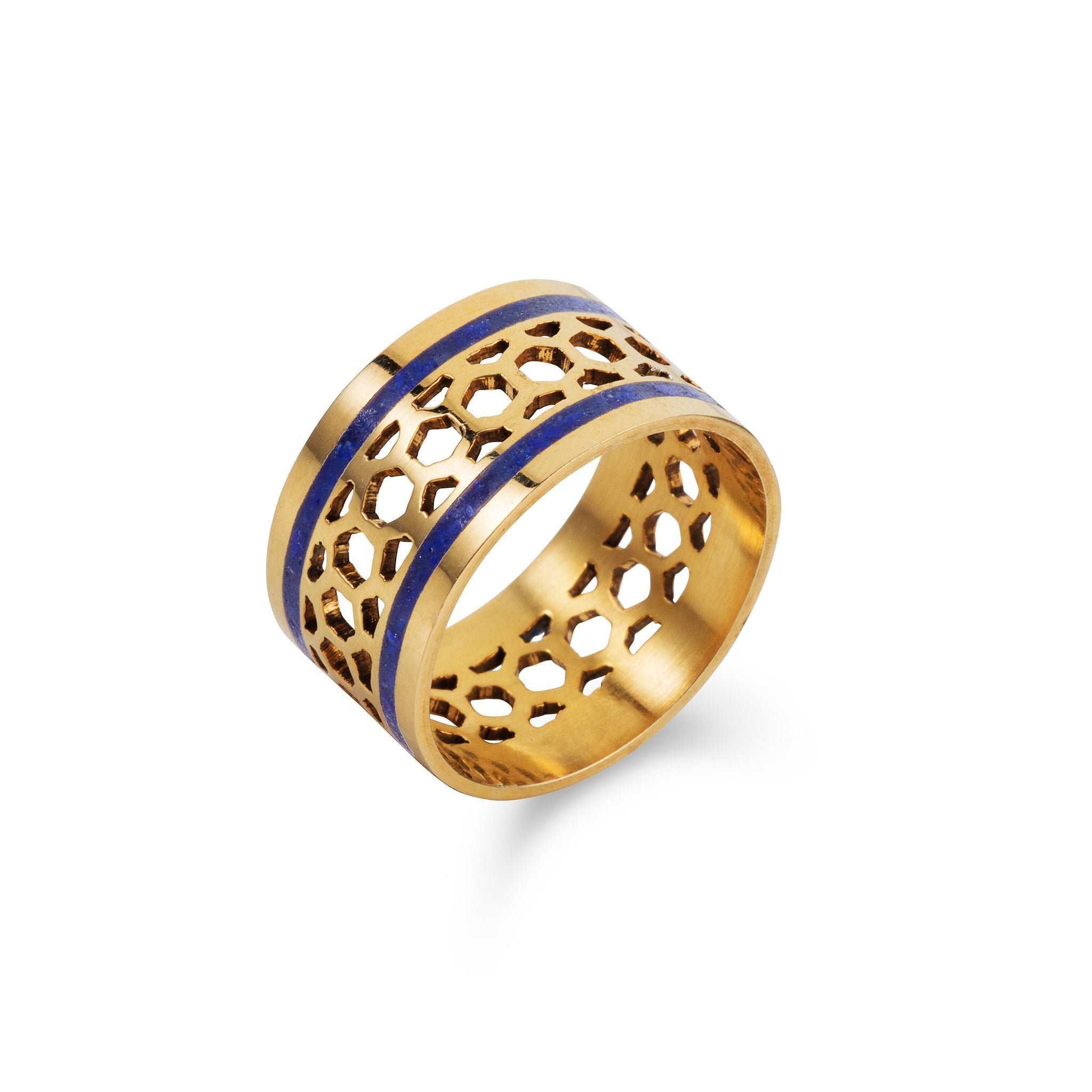 Handmade Afghan Ring Blue Gemstone Lapis Lazuli Gold Plated Lattice Elegant Inspired Jewelry Boho Chic Accessories Gift for Her