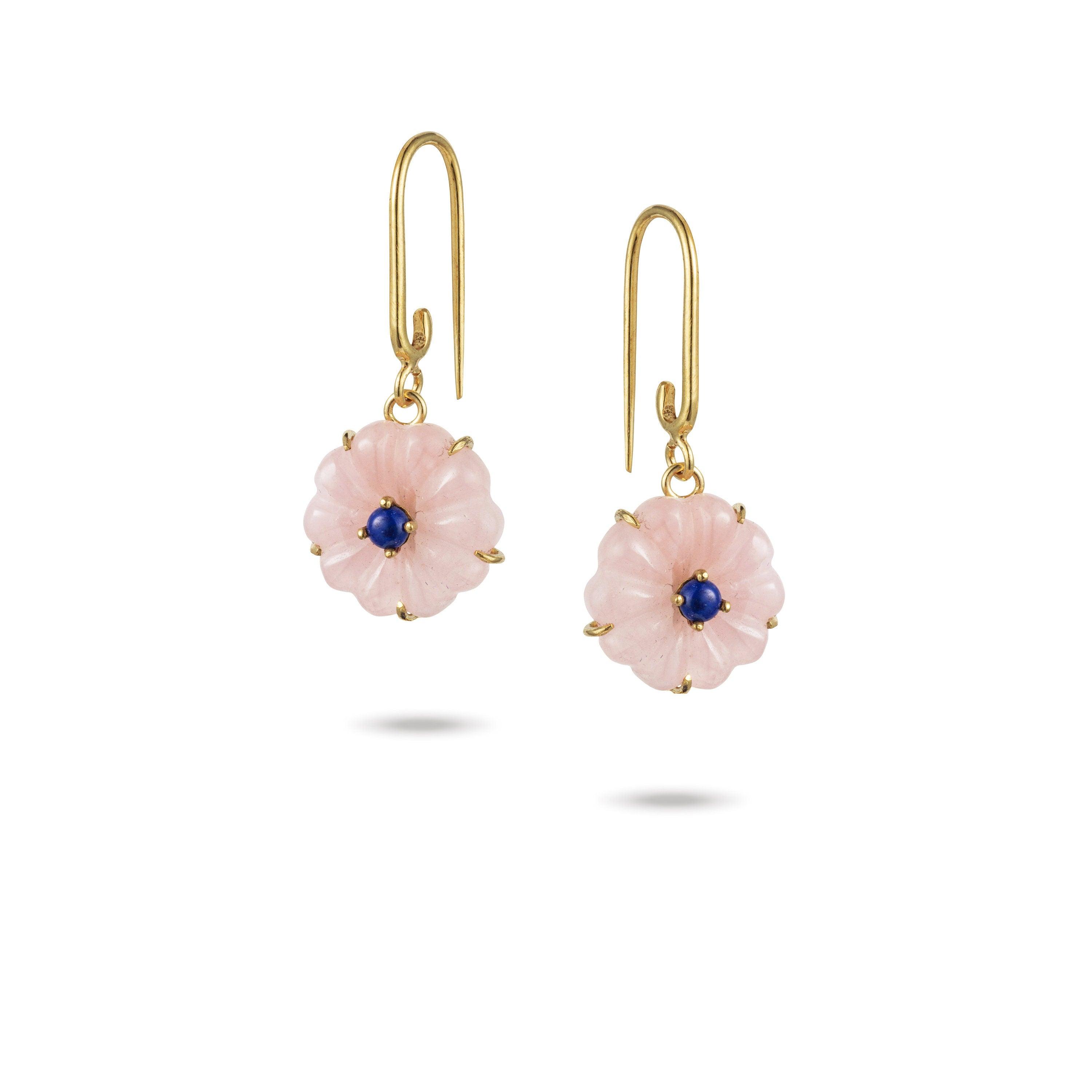 Handmade Afghan Earrings Pink Gemstone Morganite Lapis Lazuli Drop Gold Dangle Elegant Inspired Jewelry Flower Girl Chic Bridal Gift for Her