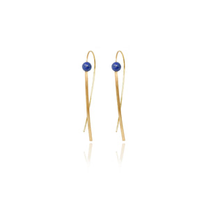 Handmade Afghan Blue Gemstone Lapis Lazuli Drop Earrings Gold Brass Elegant Inspired Jewelry Nature Linear Abstract Gift for Her