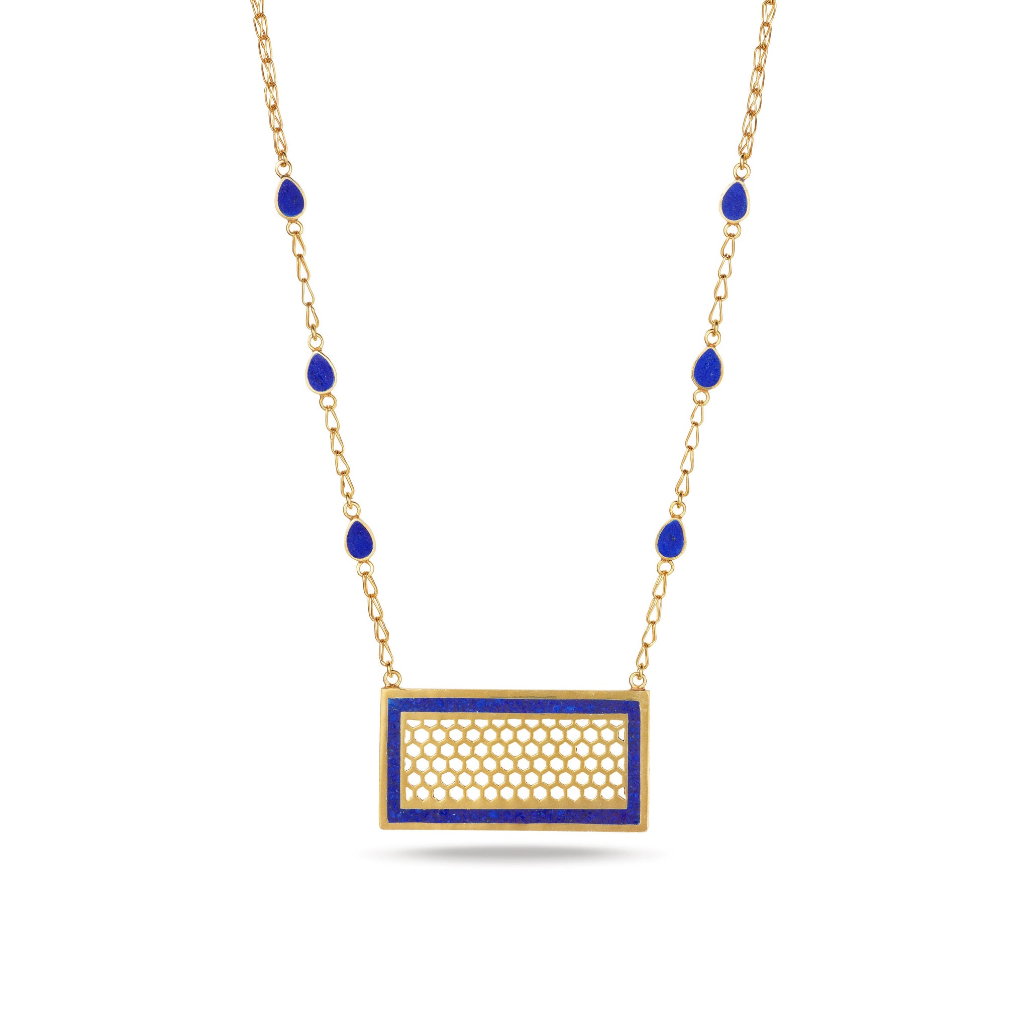 Handmade Afghan Blue Gemstone Lapis Lazuli Pendant Gold Chain Necklace Elegant Inspired Jewelry Drop Chic Accessories Bridal Gift for Her