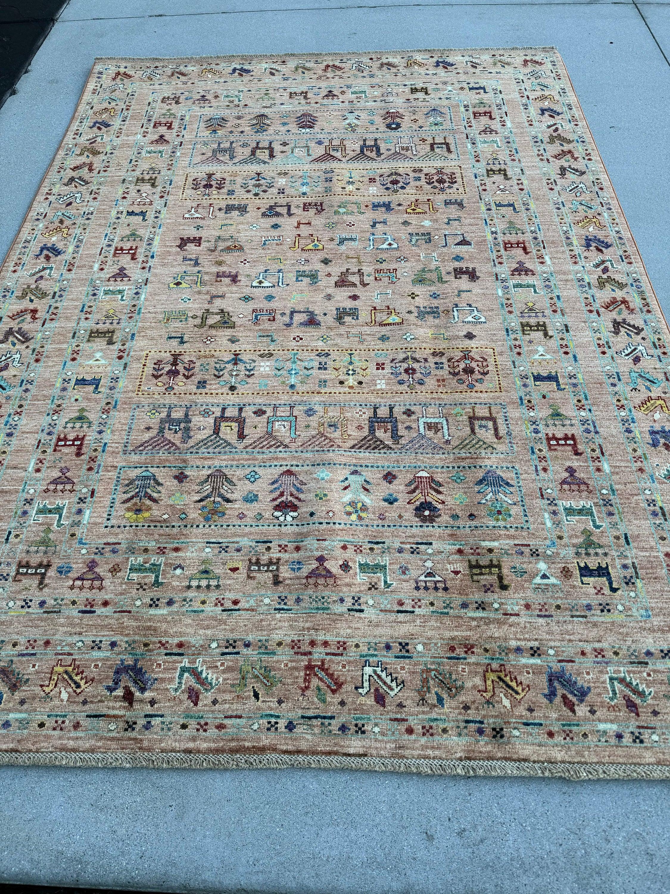 6x8 (180x245) Handmade Afghan Rug | Light Mauve Ivory Brick Red Denim Blue Teal Turquoise Cornsilk Honey Eggplant Black Brown White | Gabbeh