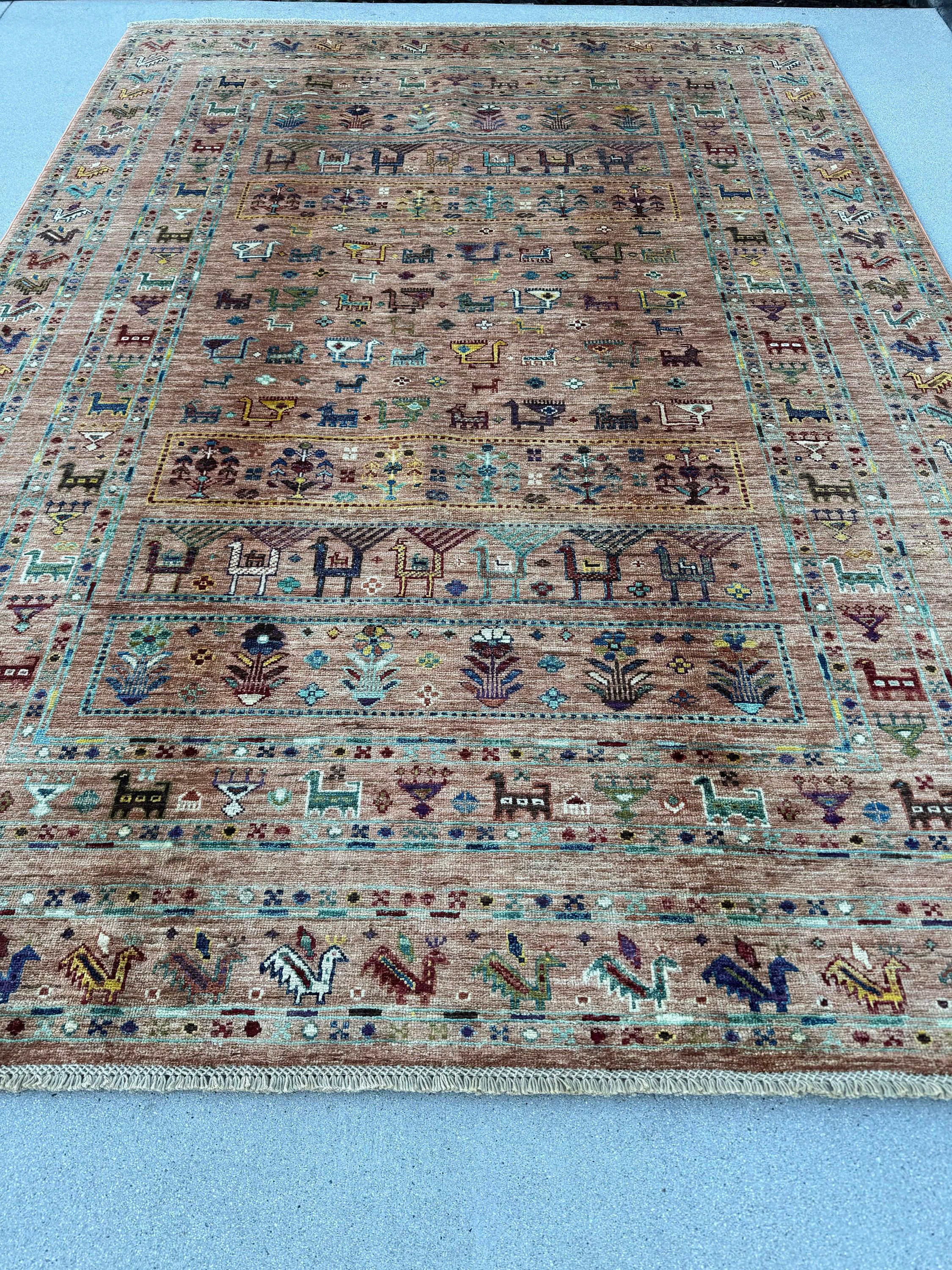 6x8 (180x245) Handmade Afghan Rug | Light Mauve Ivory Brick Red Denim Blue Teal Turquoise Cornsilk Honey Eggplant Black Brown White | Gabbeh