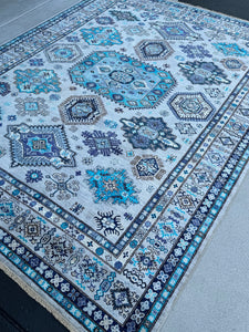 8x10 - 8x11 Handmade Afghan Rug | Grey Turquoise Navy Blue Charcoal Ivory Cream Moss Green Black | Hand Knotted Wool Persian Heriz Serapi