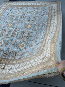 7x10 - 8x10 Handmade Afghan Rug | Denim Blue Beige Cream Caramel Gold Blue | Khottan Turkish Wool Boho Persian Tribal Hand Knotted