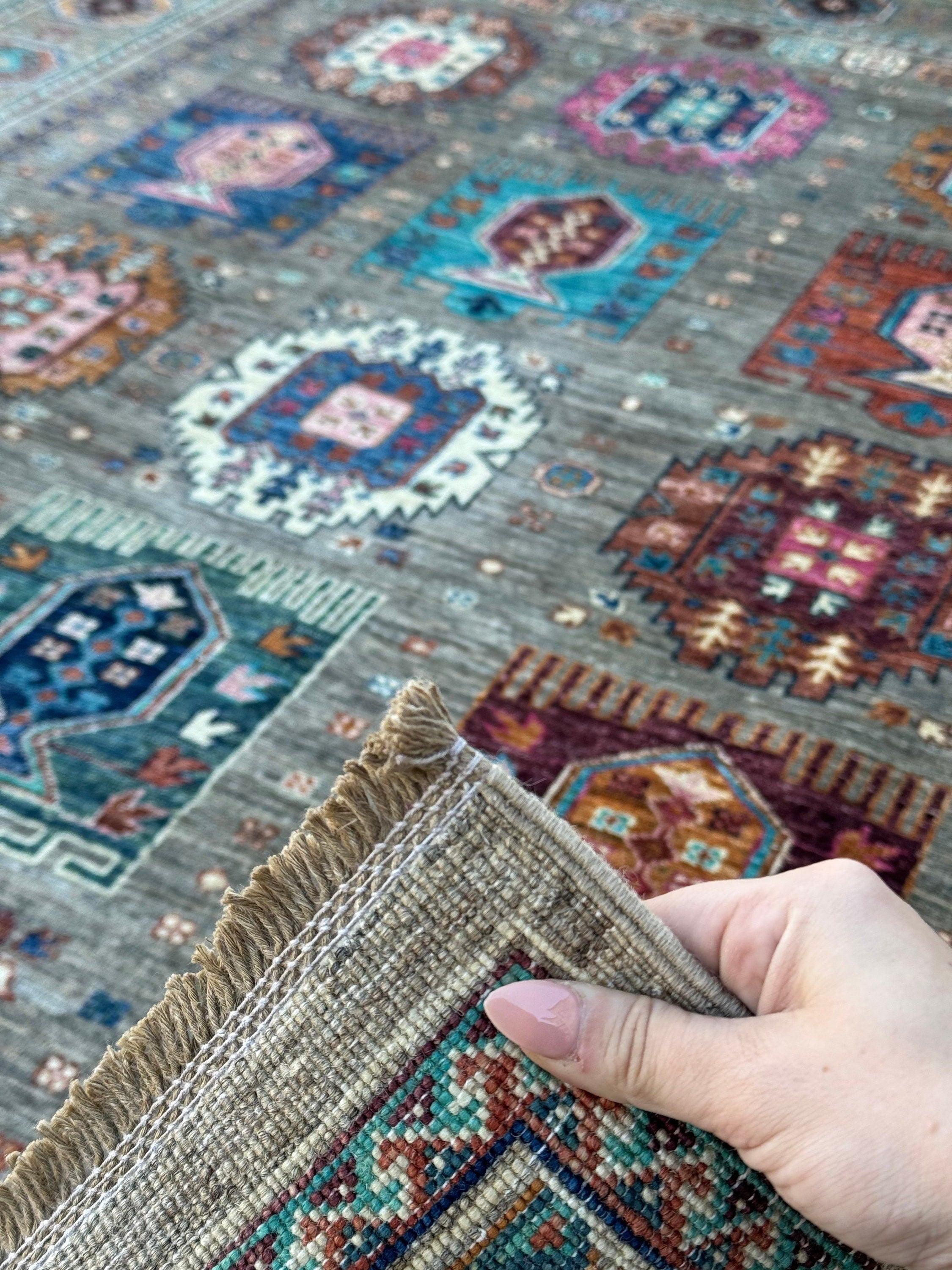 6x8 Handmade Afghan Rug | Moss Green Hazel Green Baby Pink Cream Honey Fuchsia Coffee Eggplant Brick Red Black | Medallion Geometric