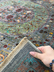 7x8-7x9 Hand Knotted Handmade Afghan Rug | Charcoal Grey Emerald Green Black Brick Red Salmon Pink Teal Yellow | Geometric Mamluk Wool