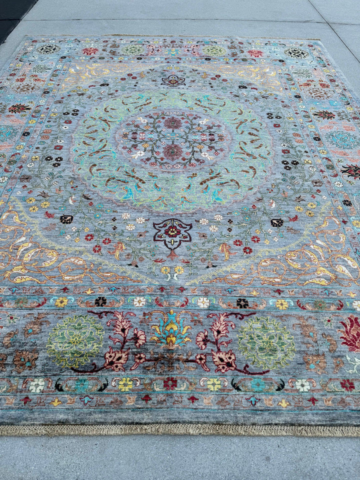 7x8-7x9 Hand Knotted Handmade Afghan Rug | Charcoal Grey Emerald Green Black Brick Red Salmon Pink Teal Yellow | Geometric Mamluk Wool