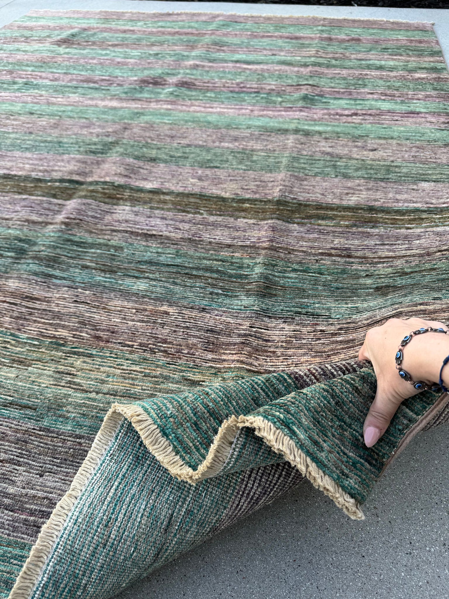 6x8-7x8 (200x240) Handmade Afghan Rug | Charcoal Grey Moss Green Forest Green Cream White | Wool Handmade Stripes Natural Modern Fringed