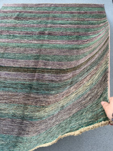 6x8-7x8 (200x240) Handmade Afghan Rug | Charcoal Grey Moss Green Forest Green Cream White | Wool Handmade Stripes Natural Modern Fringed