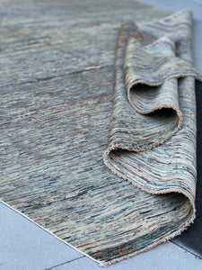 8x9 (240x270) Hand Knotted Handmade Afghan Rug | Cream White Brick Red Denim Blue Cornsilk Black Charcoal Grey | Modern Striped Wool