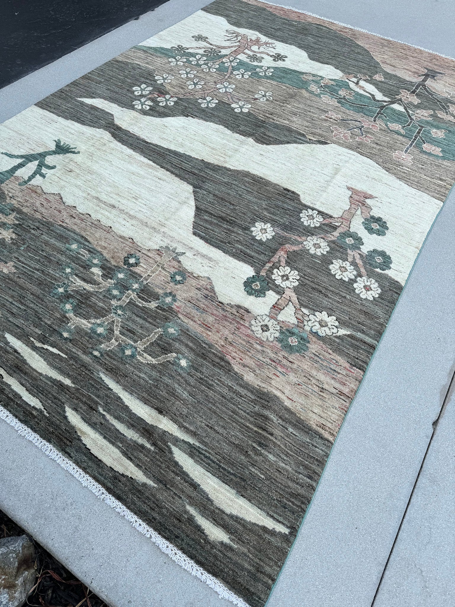 6x10 -7x10 Hand Knotted Handmade Afghan Rug | Cream Charcoal Grey Pine Green Baby Pink | Landscape Nature Layered Pictorial Ink-Wash Wool