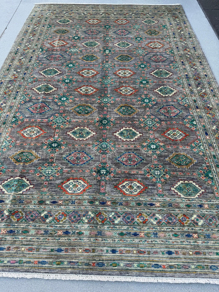 7x10 Handmade Afghan Rug | Slate Grey Steel Navy Blue Burnt Teal Turquoise Burnt Orange Terra Cotta Cream Ivory Sapphire Moss Green