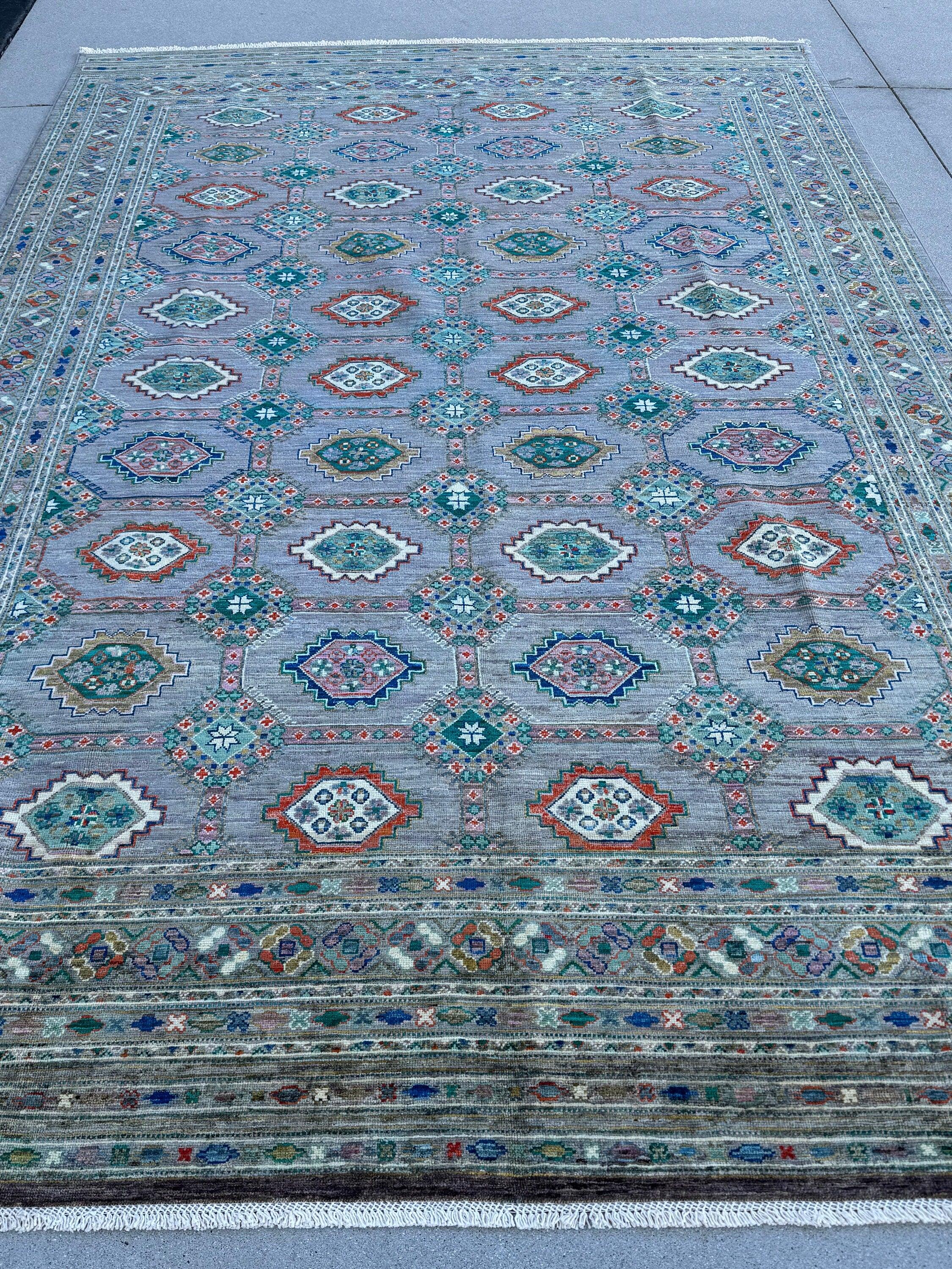 7x10 Handmade Afghan Rug | Slate Grey Steel Navy Blue Burnt Teal Turquoise Burnt Orange Terra Cotta Cream Ivory Sapphire Moss Green