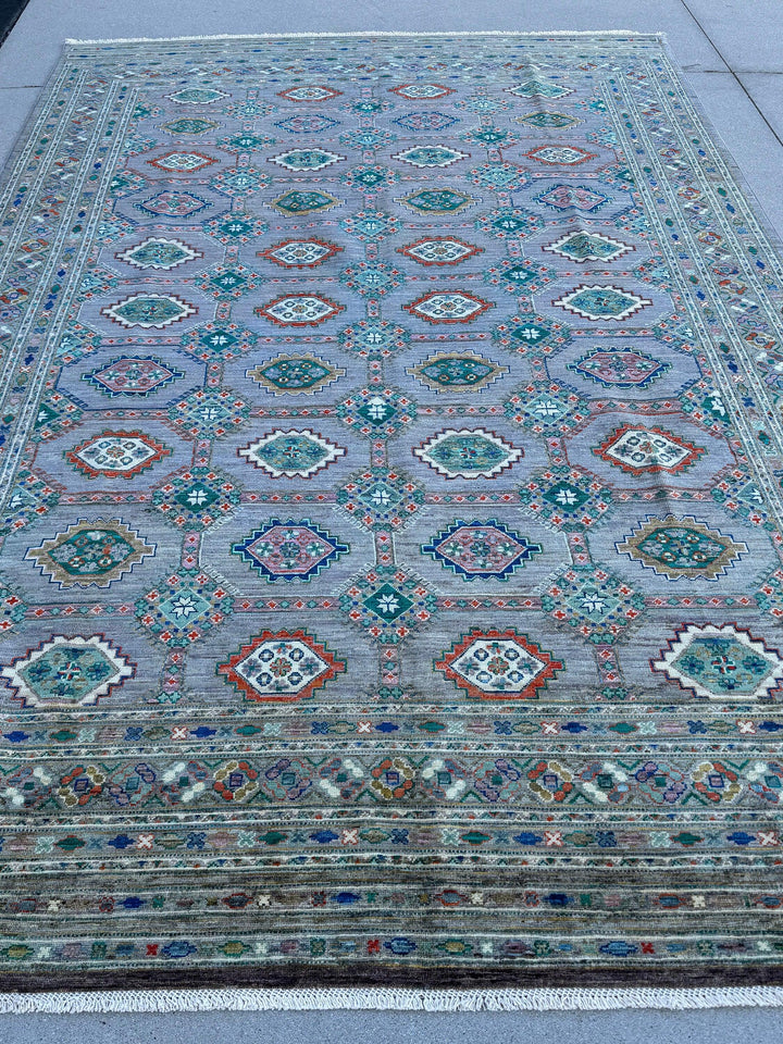 7x10 Handmade Afghan Rug | Slate Grey Steel Navy Blue Burnt Teal Turquoise Burnt Orange Terra Cotta Cream Ivory Sapphire Moss Green