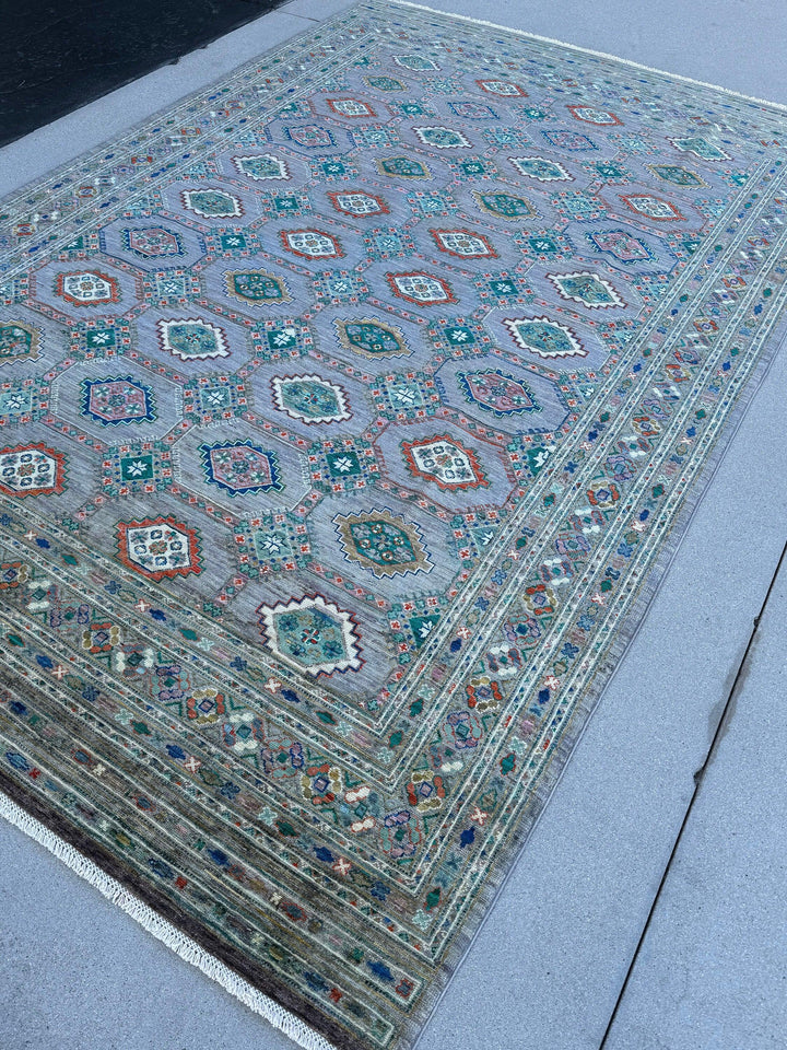 7x10 Handmade Afghan Rug | Slate Grey Steel Navy Blue Burnt Teal Turquoise Burnt Orange Terra Cotta Cream Ivory Sapphire Moss Green