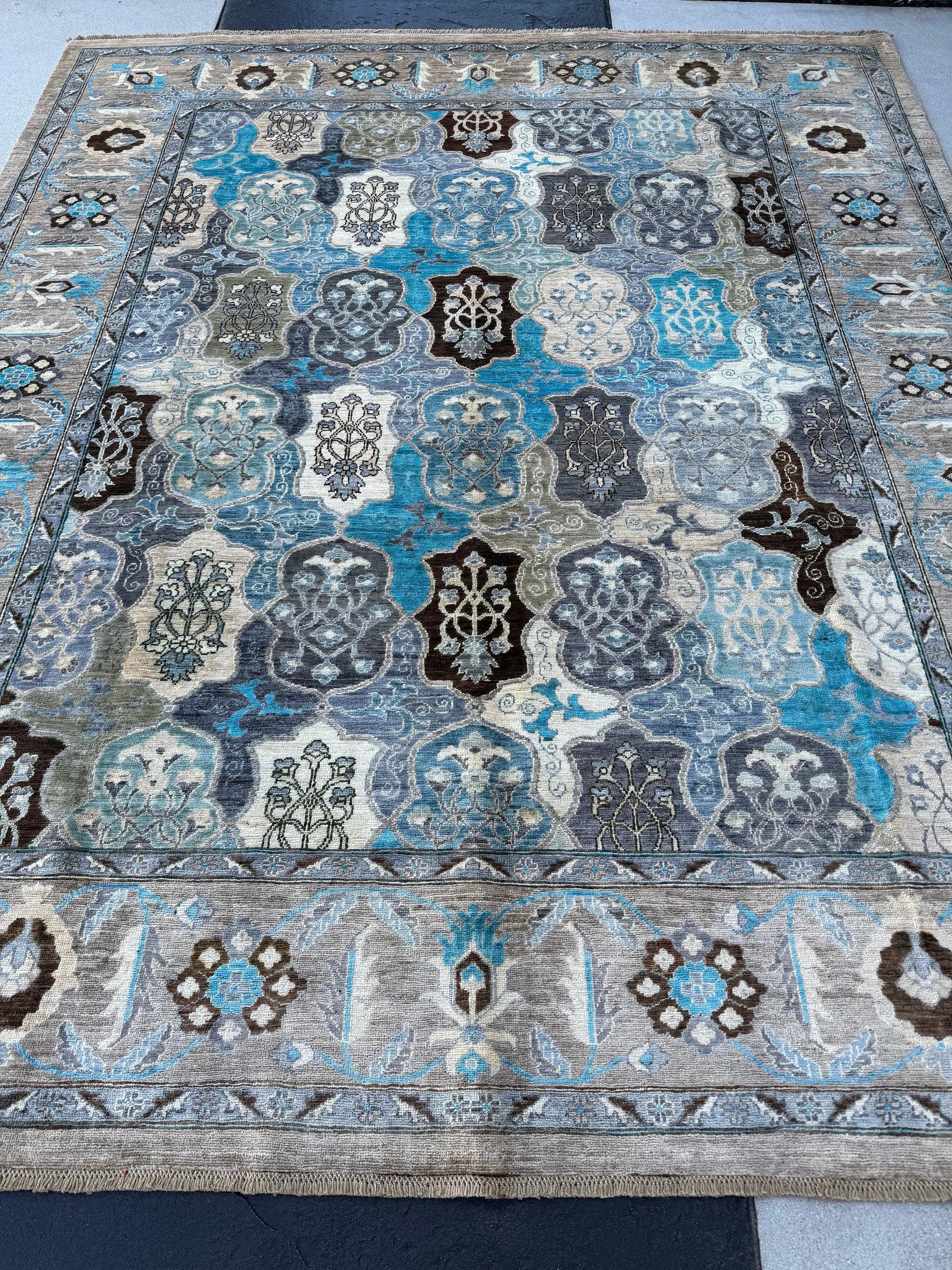 8x10-8x11 (245x305) Handmade Afghan Rug | Slate Ash Grey Graphite Azure Sky Powder Blue Teal Ivory Charcoal Grey Espresso | Paisley Wool Turkish Oushak