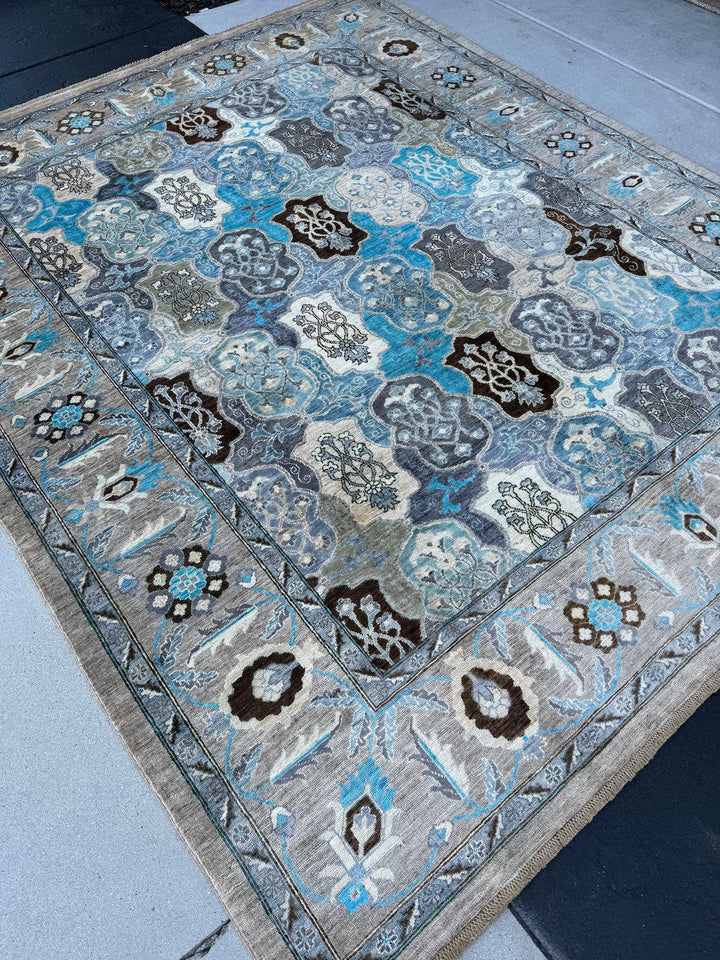 8x10-8x11 (245x305) Handmade Afghan Rug | Slate Ash Grey Graphite Azure Sky Powder Blue Teal Ivory Charcoal Grey Espresso | Paisley Wool Turkish Oushak