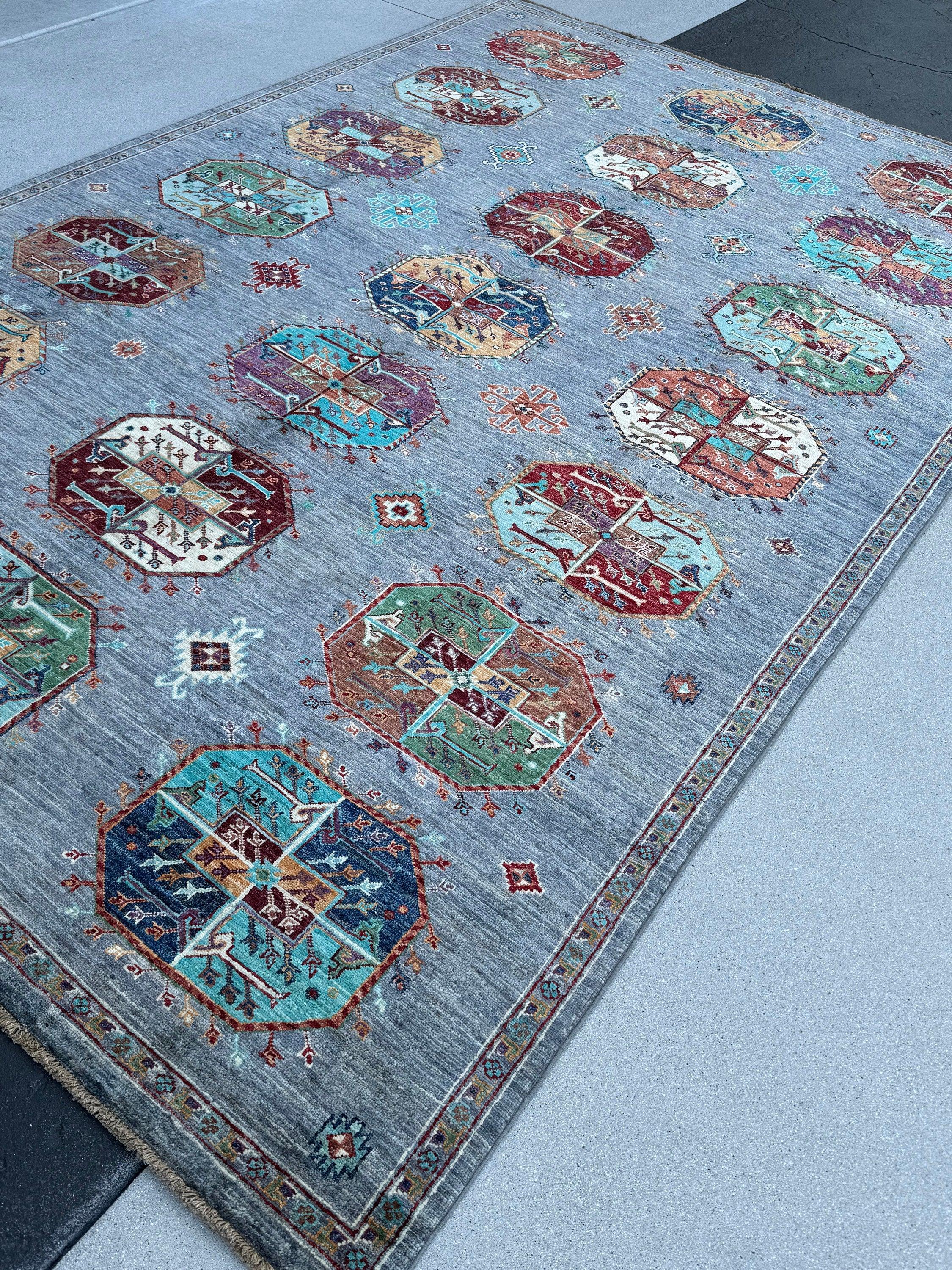 7x10 Handmade Afghan Rug | Grey Turquoise Navy Blue Terra Cotta Caramel Sage Green Red Maroon Purple | Turkish Oushak Gul Fil Pay Turkmen Wool Area Rug Hand Knotted