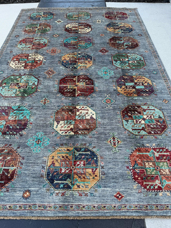 7x10 Handmade Afghan Rug | Grey Turquoise Navy Blue Terra Cotta Caramel Sage Green Red Maroon Purple | Turkish Oushak Gul Fil Pay Turkmen Wool Area Rug Hand Knotted