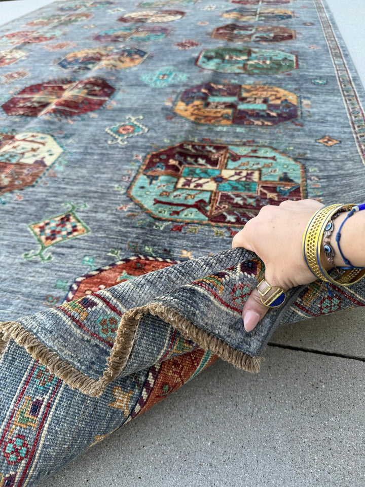 7x10 Handmade Afghan Rug | Grey Turquoise Navy Blue Terra Cotta Caramel Sage Green Red Maroon Purple | Turkish Oushak Gul Fil Pay Turkmen