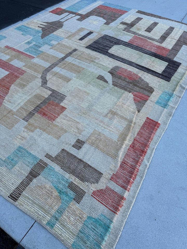 10x13 Handmade Afghan Moroccan Rug Earth Tones Ivory Grey Powder Blue Brown Brick Red Sage Green Black Contemporary Wool Hand Knotted Modern