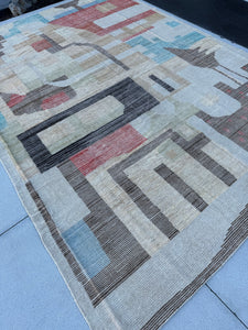 10x13 Handmade Afghan Moroccan Rug Earth Tones Ivory Grey Powder Blue Brown Brick Red Sage Green Black Contemporary Wool Hand Knotted Modern