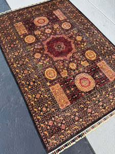 4x6 ( 120 x 180) Handmade Afghan Rug | Gold Black Brick Red Auburn Honey Pink Ruby Red |Wool Persian Mamluk Knotted Oriental Tassels