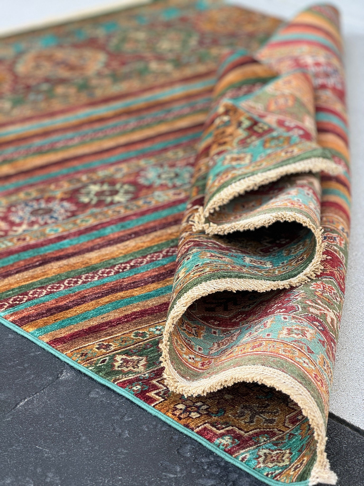 4x6 ( 120 x 180) Handmade Afghan Rug | Honey Moss Green Teal Auburn Cream Denim Blue | Wool Persian Knotted Striped Traditional
