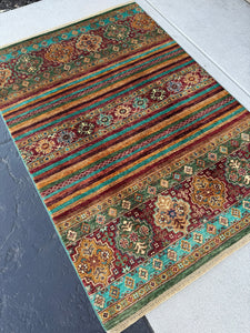 4x6 ( 120 x 180) Handmade Afghan Rug | Honey Moss Green Teal Auburn Cream Denim Blue | Wool Persian Knotted Striped Traditional
